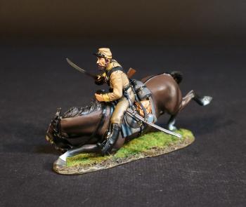 Image of Confederate Cavalry Officer (tan uniform, dark brown crouching horse), Cavalry Division, The Army of Northern Virginia, The Battle of Brandy Station, June 9th, 1863, The American Civil War, 1861-1865--single mounted figure with sword raised