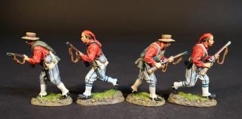 Image of Four Wheat's Tigers Zouaves (2 advancing gun forward, straw hat; 2 advancing, gun across chest), 1st Special Battalion (Wheat's Tigers), Louisiana Infantry, The First Battle of Manassas, 1861, The American Civil War, 1861-1865--four figures in red tunics