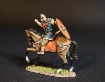 Roman Auxiliary Cavalryman with Red Shield, Roman Auxiliary Cavalry, Armies and Enemies of Ancient Rome--single mounted figure turned left in saddle with equipped shield and two spears in hand, spear raised to throw to rear #51767