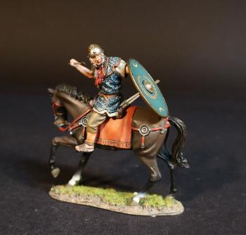 Roman Auxiliary Cavalryman with Green Shield, Roman Auxiliary Cavalry, Armies and Enemies of Ancient Rome--single mounted figure turned left in saddle with equipped shield and two spears in hand, spear raised to throw to rear #51768