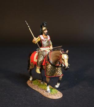 Image of Persian Heavy Cavalry (yellow tunic, red horse blanket), The Achaemenid Persian Empire, Armies and Enemies of Ancient Greece and Macedonia--single mounted figure (2 javelins in lap, 1 in right hand pointed up)