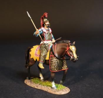 Image of Persian Heavy Cavalry (light blue tunic, yellow horse blanket), The Achaemenid Persian Empire, Armies and Enemies of Ancient Greece and Macedonia--single mounted figure (2 javelins in lap, 1 in right hand pointed up)