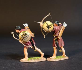 Two Cretan Archers (red tunics), Armies and Enemies of Ancient Greece and Macedonia--two figures with bows and bucklers (1 drawing bow; 1 advancing with lowered head) #51772