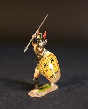 Image of Samnite Warrior (tan tunic), The Samnites, Armies and Enemies of Ancient Rome--single figure advancing with spear raised overhand ready stab downward and decorated yellow shield