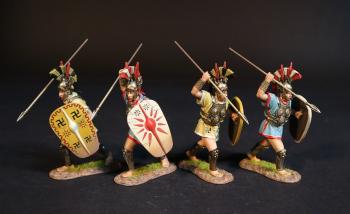 Image of Four Samnite Warriors (2 in light blue tunics, 2 in tan tunics), The Samnites, Armies and Enemies of Ancient Rome--single figure advancing with spears raised overhand ready stab downward and decorated shields