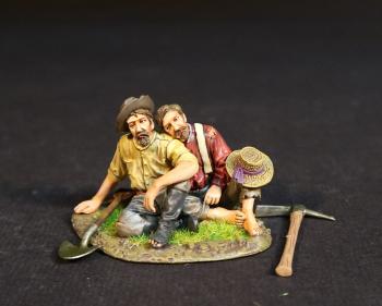 “The End of a Long Day", The Gold Rush--two seated miner figures on single base with loose shovel and pick #51783