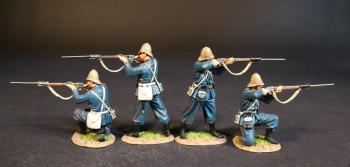 Image of Four Royal Marine Light Infantrymen (2 standing firing; 2 kneeling firing), The Eschowe Relief Column, Battle of Gingindhlovu, 2nd April 1879--four figures in pith helmets