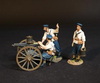 Image of Gatling Gun and Crew, H.M.S. Boadicea, British Naval Brigade, H. M. S. Shah, The Eshowe Relief Column, The Battle of Gingindhlovu, 2nd April 1879, The Anglo Zulu War--gatling gun and three figures