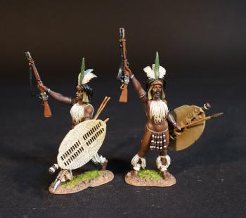 Two Zulu Warriors (standing, raising rifles to the sky, shield and spears in left hand), The uThulwana Regiment, The Zulu Impi, Battle of Gingindhlovu, 2nd April 1879--two figures #51789