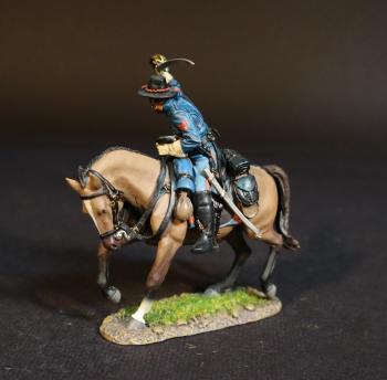 Union Trooper, Union Cavalry, 2nd U.S. Cavalry Regiment, The Army of the Potomac, The Battle of Brandy Station, June 9th, 1863, The American Civil War, 1861-1865--single mounted figure facing right with sword raised overhead on tan horse #51791