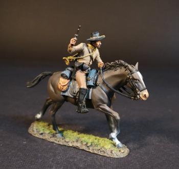Image of Confederate Cavalry Bugler (tan uniform, dark brown running horse), Cavalry Division, The Army of Northern Virginia, The Battle of Brandy Station, June 9th, 1863, The American Civil War, 1861-1865--single mounted figure with pistol raised
