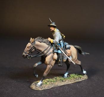 Image of Confederate Cavalry Bugler (grey uniform, tan running horse), Cavalry Division, The Army of Northern Virginia, The Battle of Brandy Station, June 9th, 1863, The American Civil War, 1861-1865--single mounted figure with pistol raised