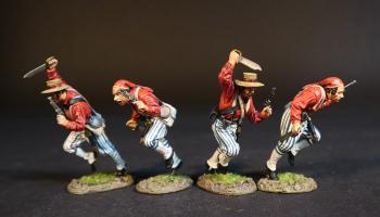 Image of Four Wheat's Tigers Zouaves (2 wearing straw hat, knife raised to stab down, pistol; 2 knife at hip, pistol), 1st Special Battalion (Wheat's Tigers), Louisiana Infantry, The First Battle of Manassas, 1861, ACW, 1861-1865--four figures (red tunics)