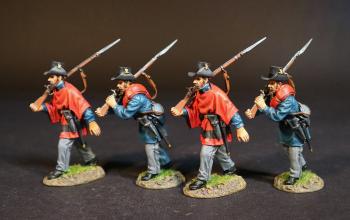 Image of Four Militiamen (wearing red poncho; no poncho, gun in right hand), 1st Regiment, Rhode Island Detached Militia, The First Battle of Bull Run, 1861, ACW, 1861-1865--four advancing figures wearing slouch hats