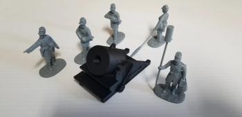 13-inch Mortar with Confederate crew of five with 3/4 length froc coat & Kepis, American Civil War, 1861-1865--mortar and five figures (grey plastic) #51836
