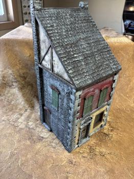 Three Story Building with Pitched Roof Painted (stone/stucco)--7.5 x 7.0 x 16.0--TWO IN STOCK. #14823