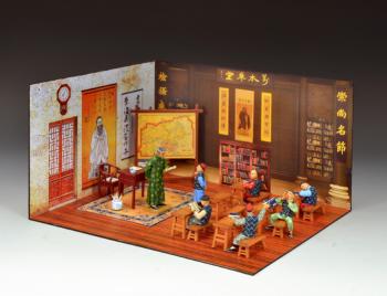 The Chinese Classroom (Matt), Streets of Old Hong Kong--2-D building, seven figures, six desks and bench-seats, teacher's table and chair, jarfull of scrolls, map board #51897