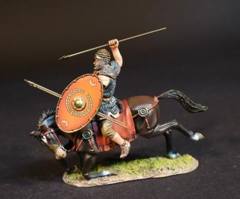 Roman Auxiliary Cavalryman with Red Shield on falling horse, Roman Auxiliary Cavalry, Armies and Enemies of Ancient Rome--single mounted figure with equipped shield and two spears in hand, spear raised to throw forward #51959