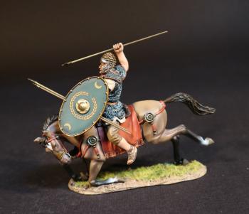 Roman Auxiliary Cavalryman with Green Shield on falling horse, Roman Auxiliary Cavalry, Armies and Enemies of Ancient Rome--single mounted figure with equipped shield and two spears in hand, spear raised to throw forward #51960
