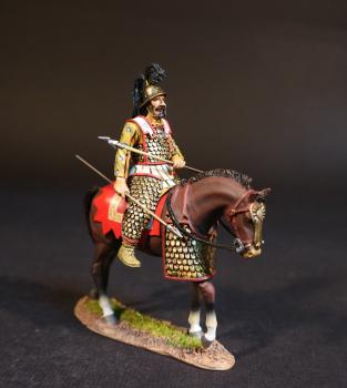 Persian Heavy Cavalry (yellow tunic, red horse blanket), The Achaemenid Persian Empire, Armies and Enemies of Ancient Greece and Macedonia--single mounted figure (2 javelins in lap, 1 in right hand at  rest) #51961