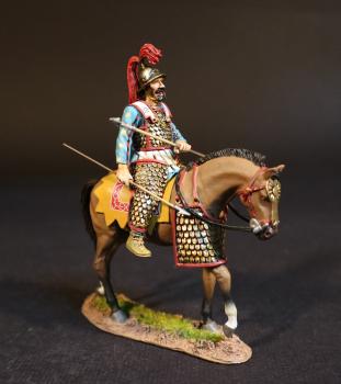Persian Heavy Cavalry (light blue tunic, yellow horse blanket), The Achaemenid Persian Empire, Armies and Enemies of Ancient Greece and Macedonia--single mounted figure (2 javelins in lap, 1 in right hand at  rest) #51962
