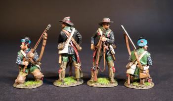 Four Rangers (2 standing reaching for cartridge; 2 kneeling ready), Roger's Rangers, The Raid on St. Francis, 1759, The French and Indian War, 1754-1763--four figures #51970