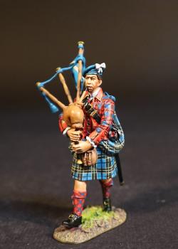 Highlander Piper (red plaid jacket, light blue plaid kilt), The Jacobite Army, The Battle of Culloden, 16th April 1745, The Jacobite Rebellion, 1745--single piping figure marching with sheathed broadsword #51973