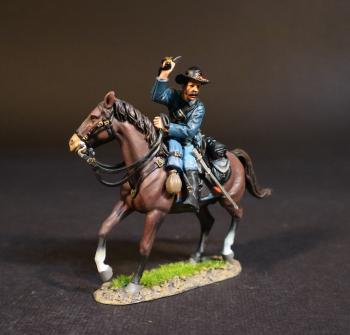 Union Trooper, Union Cavalry, 2nd U.S. Cavalry Regiment, The Army of the Potomac, The Battle of Brandy Station, June 9th, 1863, The American Civil War, 1861-1865---single mounted figure facing left with sword raised overhead on dark brown horse #51983