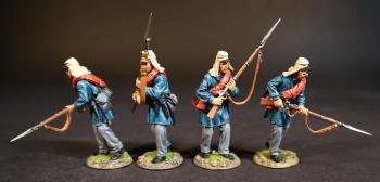 Four Advancing Militiamen (2 advancing at the ready; 2 advancing with bayonet down and forward), 1st Regiment, Rhode Island Detached Militia, The First Battle of Bull Run, 1861, ACW, 1861-1865--four advancing figures wearing kepi & head scarves #51986