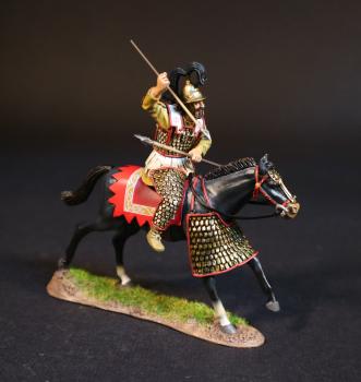 Image of Persian Heavy Cavalry (yellow tunic, red horse blanket), The Achaemenid Persian Empire, Armies and Enemies of Ancient Greece and Macedonia--single mounted figure (one javelin in left across lap, one in right ready to throw) #52048