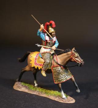 Image of Persian Heavy Cavalry (blue tunic, yellow horse blanket), The Achaemenid Persian Empire, Armies and Enemies of Ancient Greece and Macedonia--single mounted figure (one javelin in left across lap, one in right ready to throw) #52049