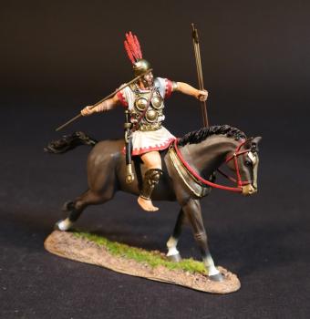 Samnite Standard Bearer (white tunic with red trim), The Samnites, Armies and Enemies of Ancient Rome--single mounted figure (ready to throw javelin in right, two javelins in left) #52051