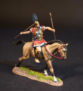 Samnite Standard Bearer (red tunic with blue & white trim), The Samnites, Armies and Enemies of Ancient Rome--single mounted figure (ready to throw javelin in right, two javelins in left) #52052
