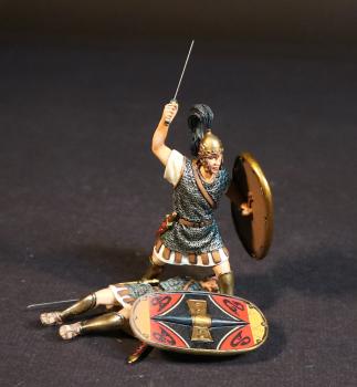 Image of Celtibarian Scutarii (white tunic), The Carthaginians, The Battle of Zama, 202 BCE, Armies and Enemies of Ancient Rome--two figures with oval shields (standing, sword raised; prone, holding sword & shield) #52053