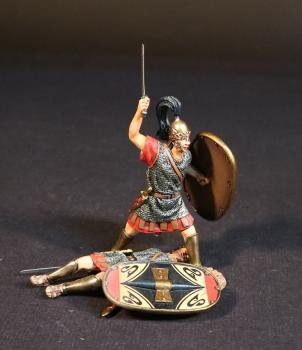 Image of Celtibarian Scutarii (red tunic), The Carthaginians, The Battle of Zama, 202 BCE, Armies and Enemies of Ancient Rome--two figures with oval shields (standing, sword raised; prone, holding sword & shield) #52054