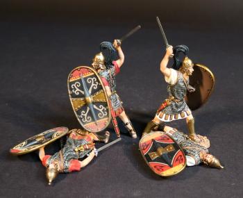 Image of Celtibarian Scutarii (2 red, 2 white), The Carthaginians, The Battle of Zama, 202 BCE, Armies and Enemies of Ancient Rome--four figures with oval shields (2 standing, sword raised; 2 prone, holding sword & shield) #52055