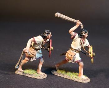 Two Balearic Slingers, The Carthaginians, The Battle of Zama, 202 BCE, Armies and Enemies of Ancient Rome--two figures with shields and slings (advancing hurling; advancing readying sling) #52056