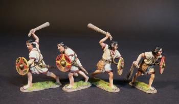 Image of Four Balearic Slingers, The Carthaginians, The Battle of Zama, 202 BCE, Armies and Enemies of Ancient Rome--four figures with shields and slings (2 advancing hurling; 2 advancing readying sling) #52057