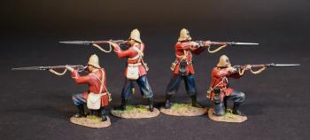 Image of Four Infantrymen (2 standing firing; 2 kneeling firing), The 99th (Duke of Edinburgh's) Regiment, Eschowe Relief Column, Battle of Gingindhlovu, 2nd April 1879--four figures in pith helmets #52069