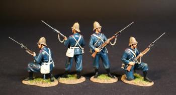 Image of Four Royal Marine Light Infantrymen (2 standing ready; 2 kneeling ready), The Eschowe Relief Column, Battle of Gingindhlovu, 2nd April 1879--four figures in pith helmets #52071