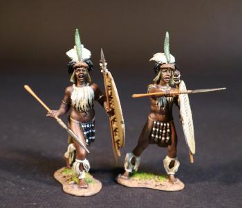 Two Zulu Warriors (advancing stabbing forward; preparing to throw), The uThulwana Regiment, The Zulu Impi, Battle of Gingindhlovu, 2nd April 1879--two figures with asegai and shield #52072