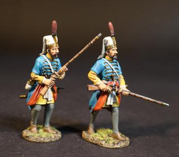 Two Janissaries in Light Blue uniforms (advancing, musket across chest; advancing musket ready (pointed down)), Janissaries, The Ottoman Empire, The Great Siege of Malta, 1565, The Crusades--two figures #52079
