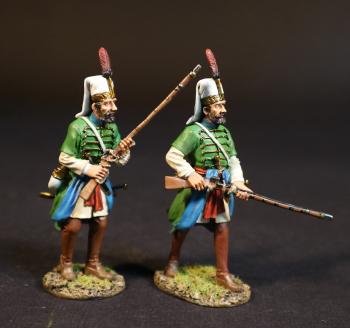 Two Janissaries in Green uniforms (advancing, musket across chest; advancing musket ready (pointed down)), Janissaries, The Ottoman Empire, The Great Siege of Malta, 1565, The Crusades--two figures #52080