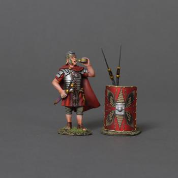 Image of Roman Soldier Wearing Cloak and Drinking from Canteen--cloaked figure and Imperial red shield with two leaning spears #52083