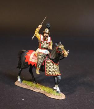 Image of Persian Heavy Cavalry (yellow tunic, red horse blanket), The Achaemenid Persian Empire, Armies and Enemies of Ancient Greece and Macedonia--single mounted figure (two javelins in left across lap, one in right ready to throw to the right) #52131
