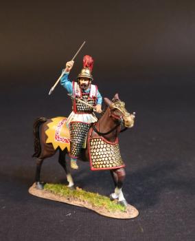 Image of Persian Heavy Cavalry (blue tunic, yellow horse blanket), The Achaemenid Persian Empire, Armies and Enemies of Ancient Greece and Macedonia--single mounted figure (two javelins in left across lap, one in right ready to throw to the right) #52132