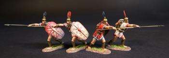 Image of Four Samnite Warriors (2 with white tunic & shield with red trim; 2 with red tunic & shield), The Samnites, Armies and Enemies of Ancient Rome--four figures thrusting spears #52136