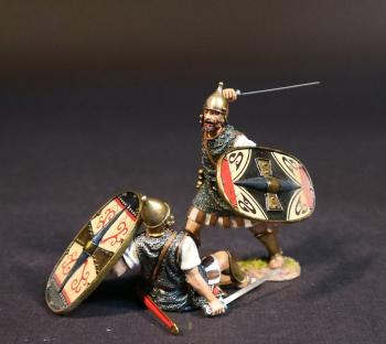 Image of Two Celtibarian Scutarii (white tunics), The Carthaginians, The Battle of Zama, 202 BCE, Armies and Enemies of Ancient Rome--two figures with oval shields (standing, sword raised overhead; seated, holding sword & shield) #52137