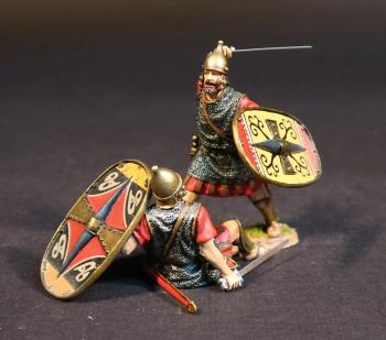 Image of Two Celtibarian Scutarii (red tunics), The Carthaginians, The Battle of Zama, 202 BCE, Armies and Enemies of Ancient Rome--two figures with oval shields (standing, sword raised overhead; seated, holding sword & shield) #52138