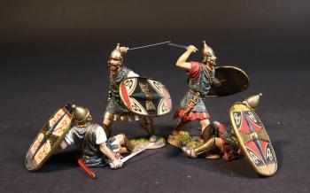 Image of Four Celtibarian Scutarii (2 in white tunics; 2 in red tunics), The Carthaginians, The Battle of Zama, 202 BCE, Armies and Enemies of Ancient Rome--four figures with oval shields (2 standing, sword raised overhead; 2 seated, holding sword & shield) #52139